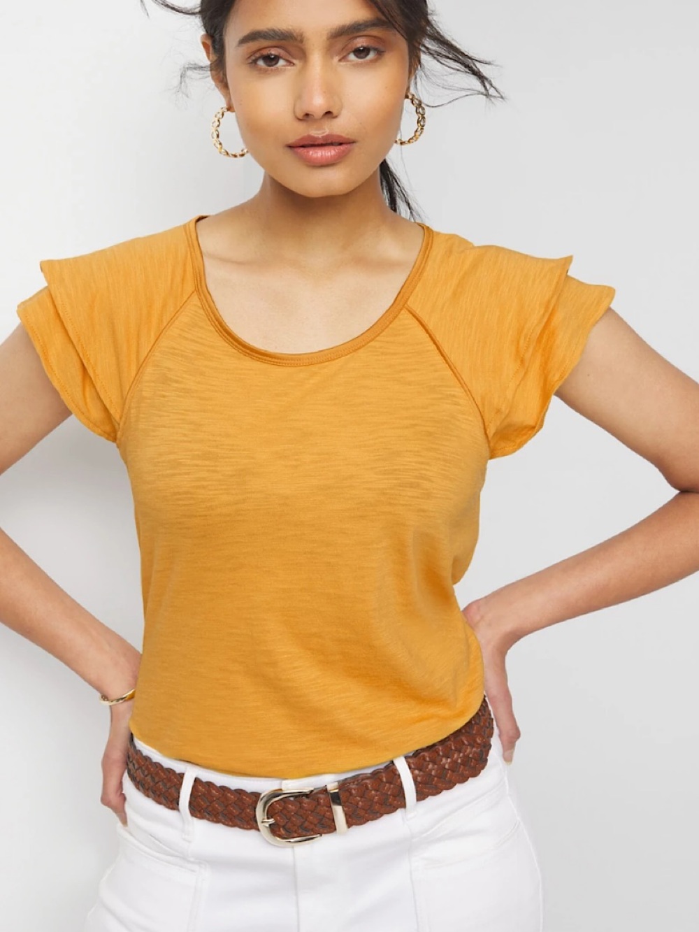 WHITE HOUSE BLACK MARKET ruffle sleeve go getter tee liquid gold -S-NWT!